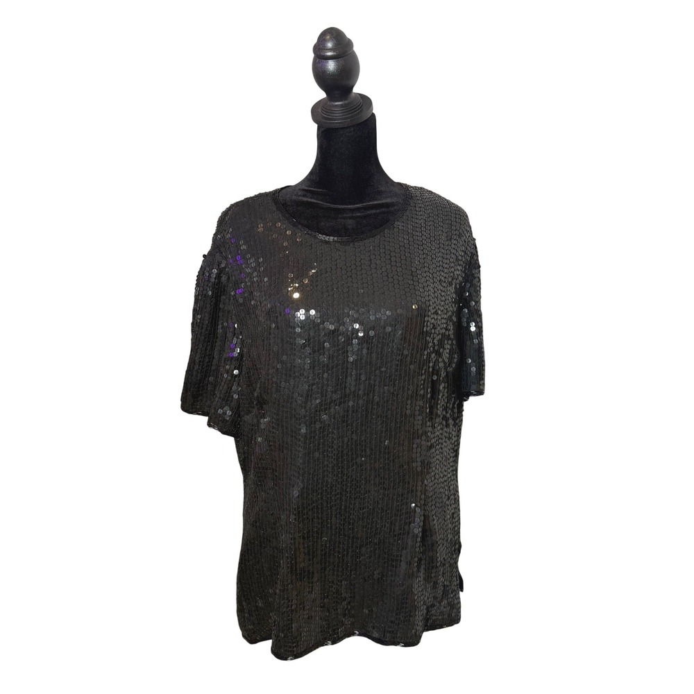 Vintage Papell Black Sequin Silk Top Womens 1X Disco Party Cocktail Beaded Glam